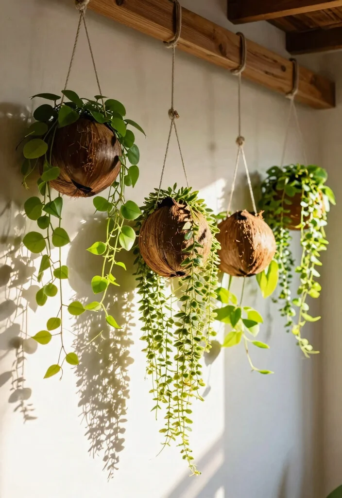 14 Coconut Shell Planter Ideas With Tropical Charm - 1. Hanging Coconut Shell Planters 1