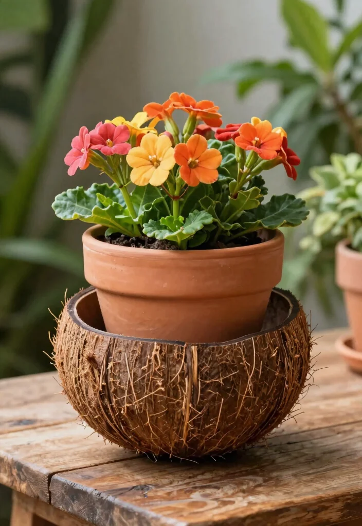 14 Coconut Shell Planter Ideas With Tropical Charm - 10. Coconut Shell Terra Cotta Blends 1