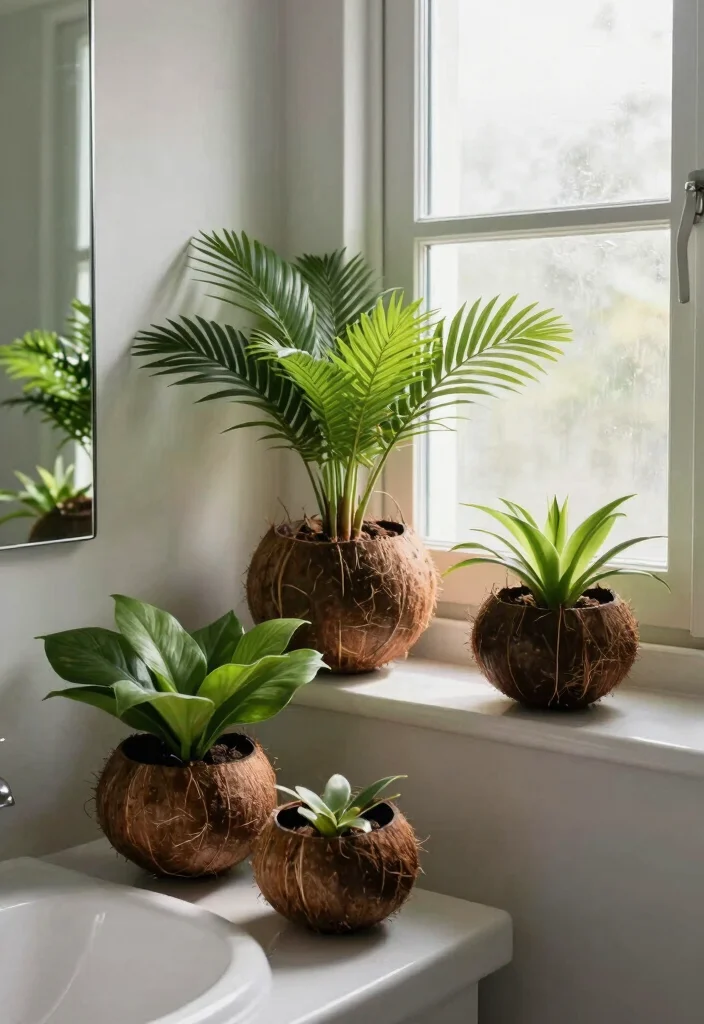 14 Coconut Shell Planter Ideas With Tropical Charm - 11. Coconut Shell Bath Planters 1