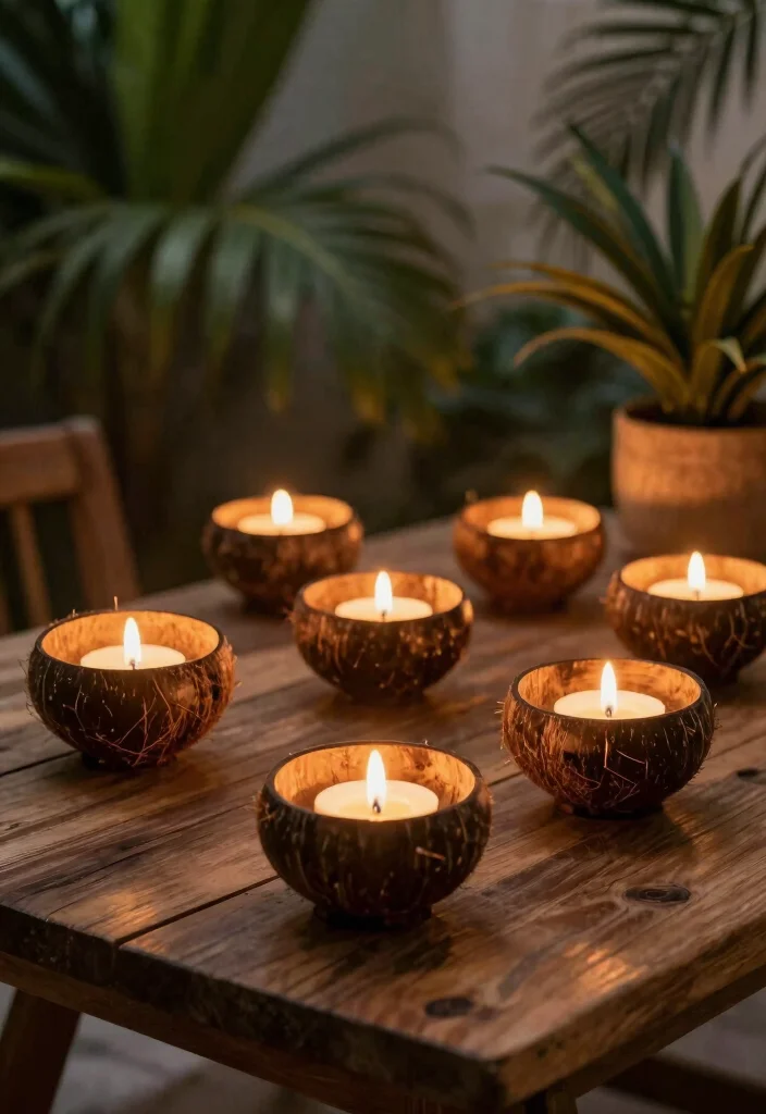 14 Coconut Shell Planter Ideas With Tropical Charm - 12. Coconut Shell Candle Holders 1