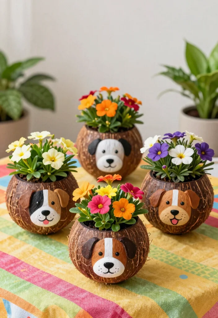 14 Coconut Shell Planter Ideas With Tropical Charm - 13. Coconut Shell Dog Planters 1