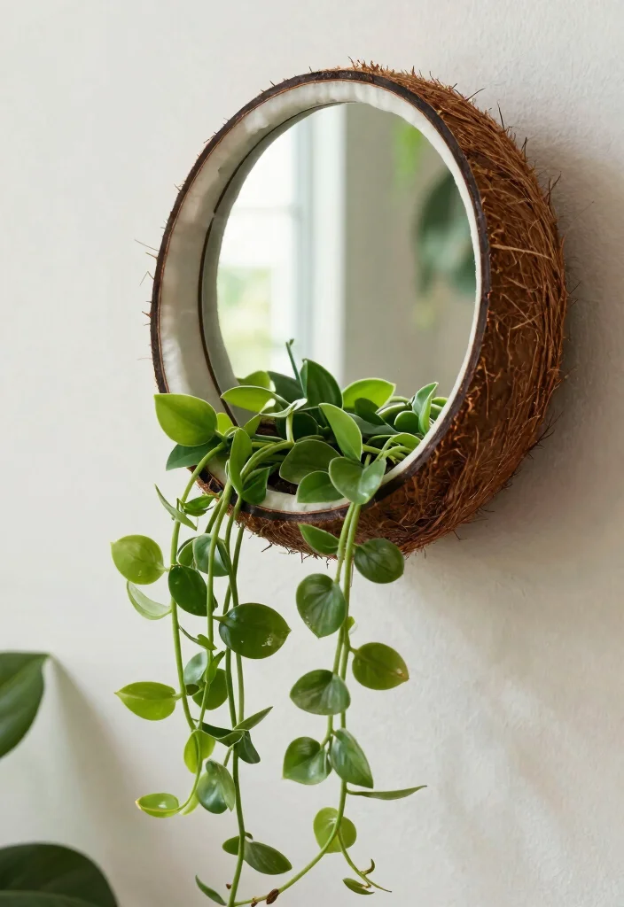 14 Coconut Shell Planter Ideas With Tropical Charm - 14. Coconut Shell Frame Mirror Planters 1
