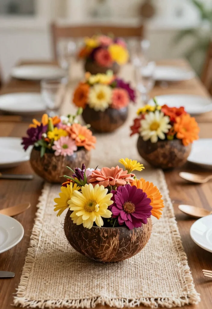 14 Coconut Shell Planter Ideas With Tropical Charm - 2. Table Centerpiece Planters 1