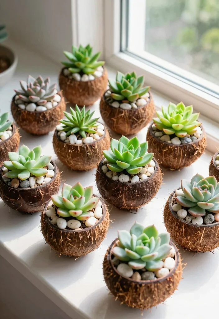 14 Coconut Shell Planter Ideas With Tropical Charm - 3. Coconut Shell Succulent Gardens 1