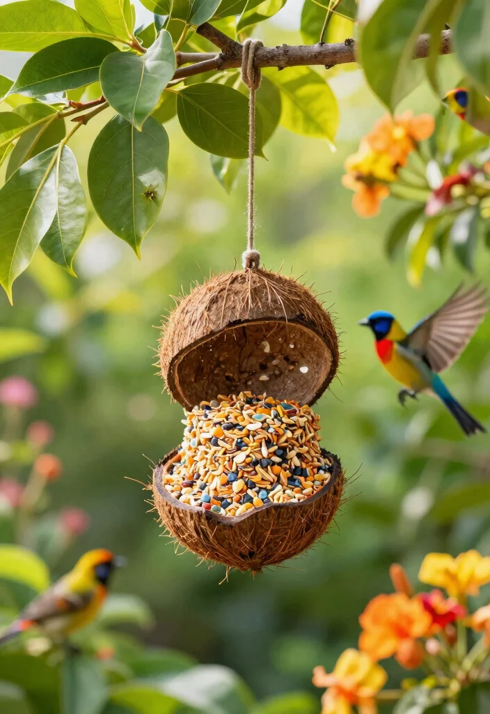 14 Coconut Shell Planter Ideas With Tropical Charm - 4. Coconut Shell Bird Feeder 1