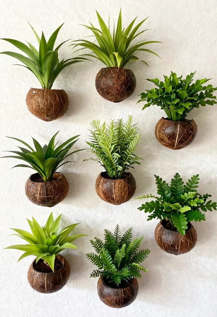 14 Coconut Shell Planter Ideas With Tropical Charm - 5. Coconut Shell Wall Art Planters 1