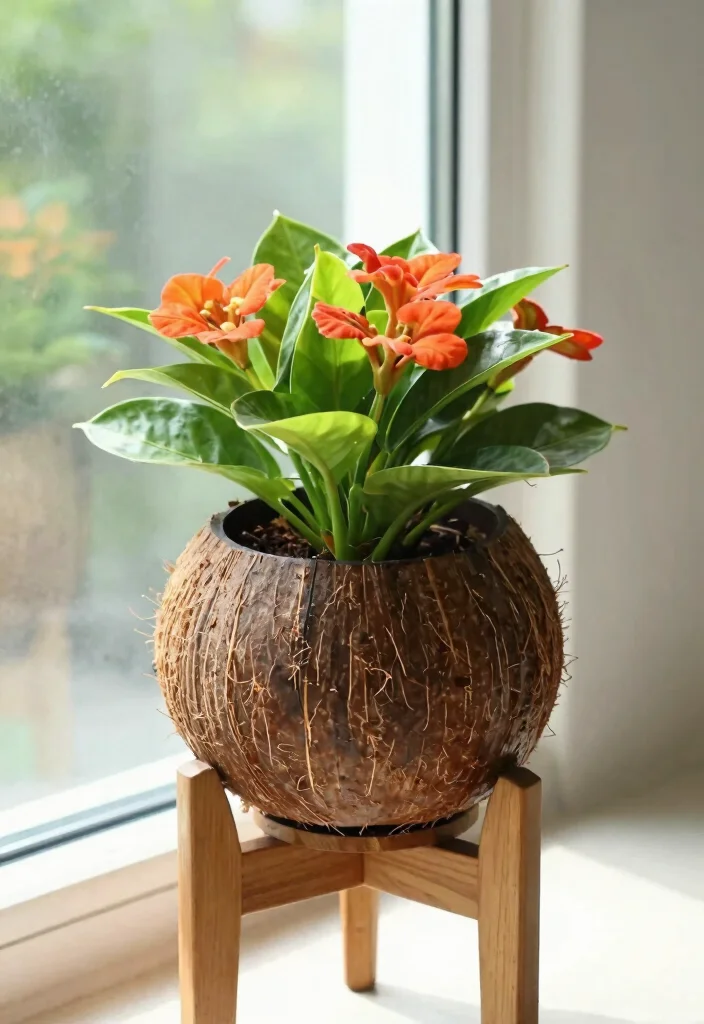 14 Coconut Shell Planter Ideas With Tropical Charm - 7. Coconut Shell Planter with Stand 1