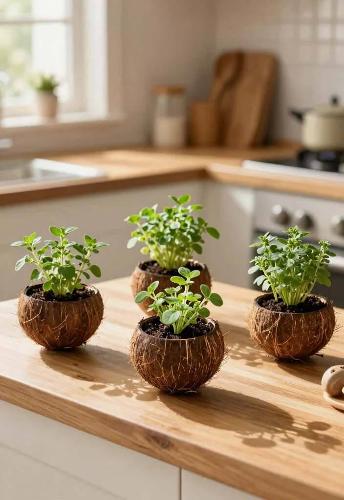 14 Coconut Shell Planter Ideas With Tropical Charm - 8. Mini Coconut Shell Herb Garden 1