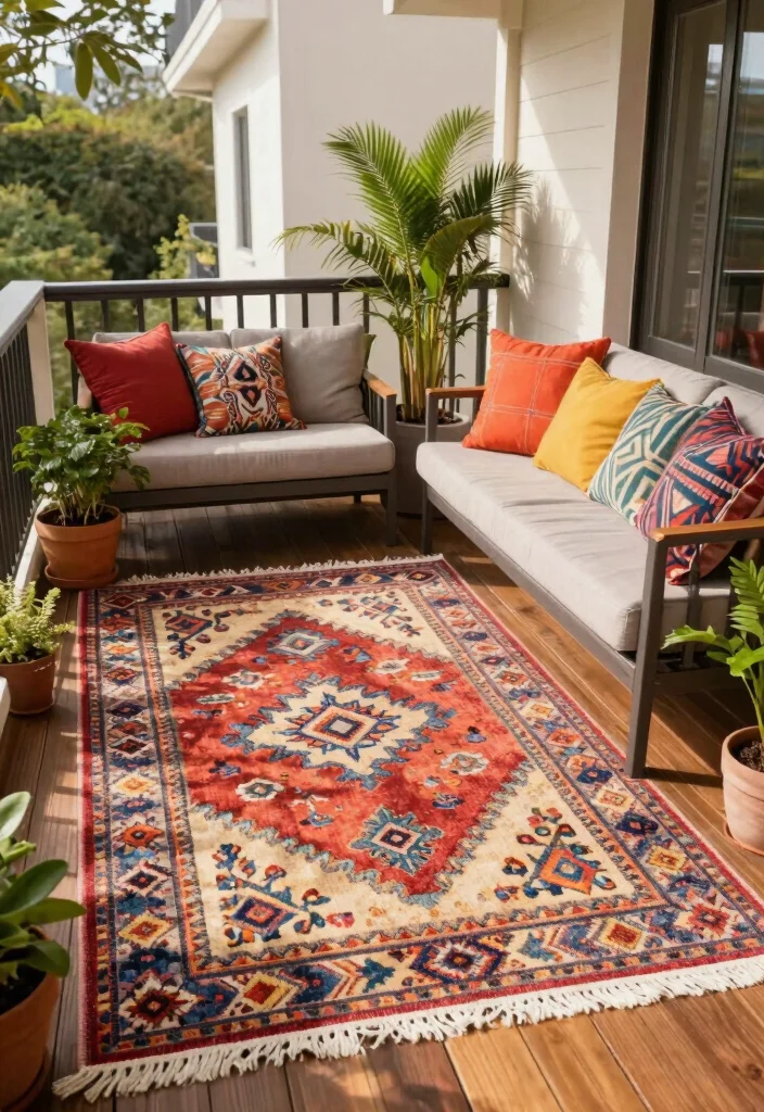 14 Entrance Balcony Ideas That Elevate Your Exterior - 7. Outdoor Rugs for Comfort 1