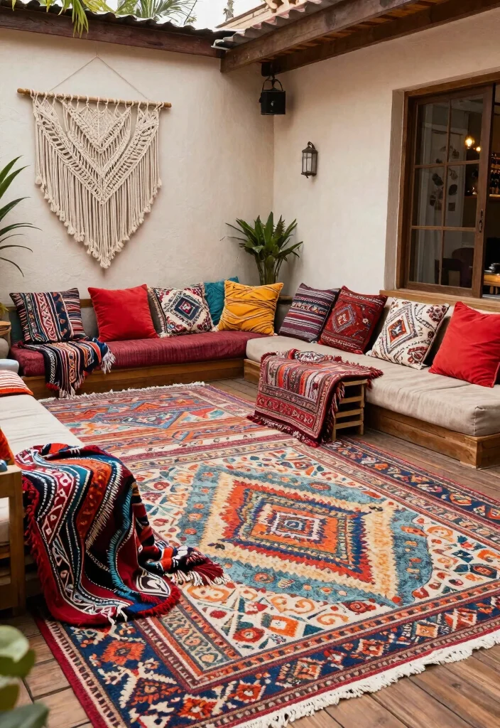 14 Terrace Lounge Ideas for a Relaxing Chic Escape - 3. Bohemian Textile Layers 1