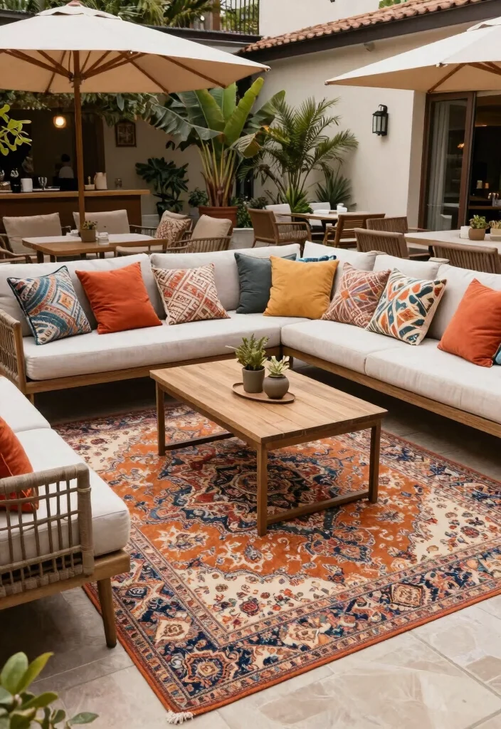 14 Terrace Lounge Ideas for a Relaxing Chic Escape - 8. Outdoor Rug Wonders 1