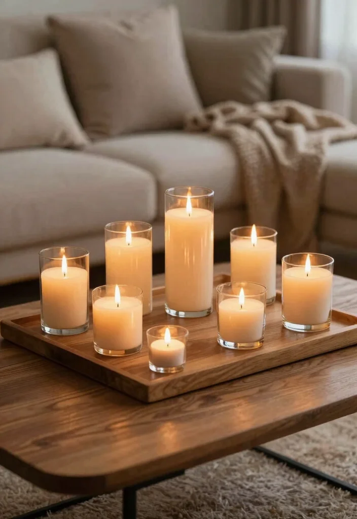 15 Farmhouse Coffee Table Decor Ideas That Look Effortlessly Chic - 10. Candle Collection 1