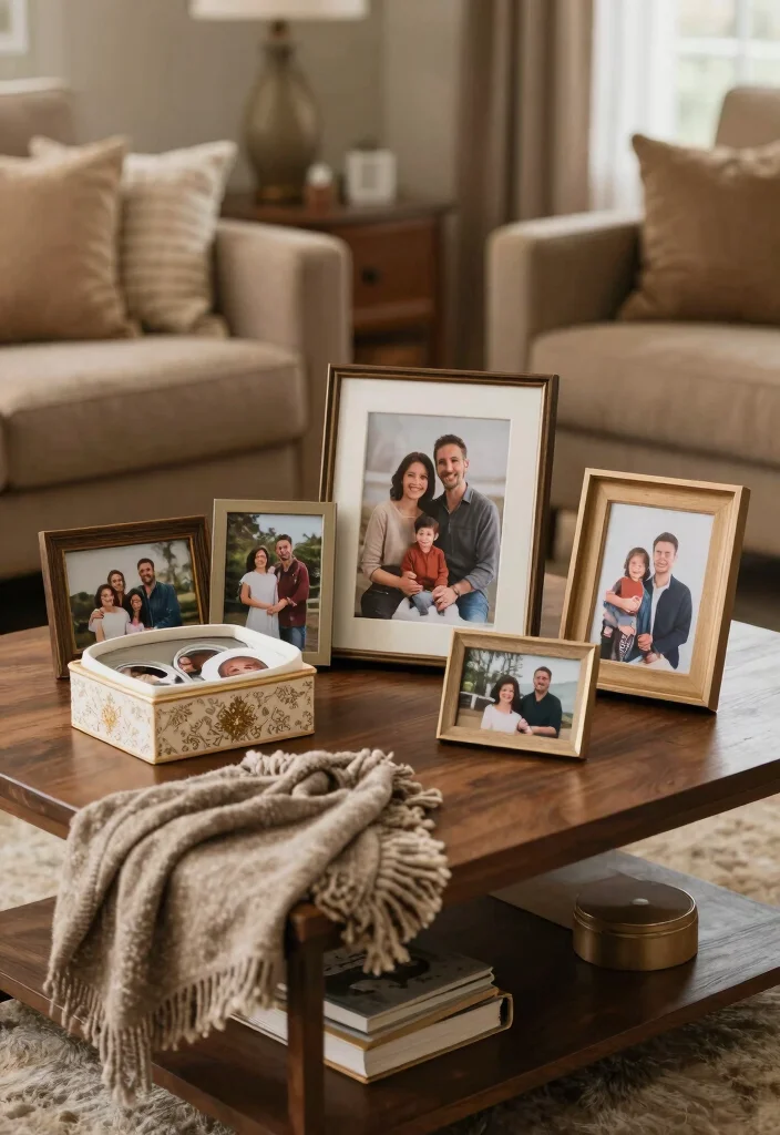 15 Farmhouse Coffee Table Decor Ideas That Look Effortlessly Chic - 12. Family Photos 1