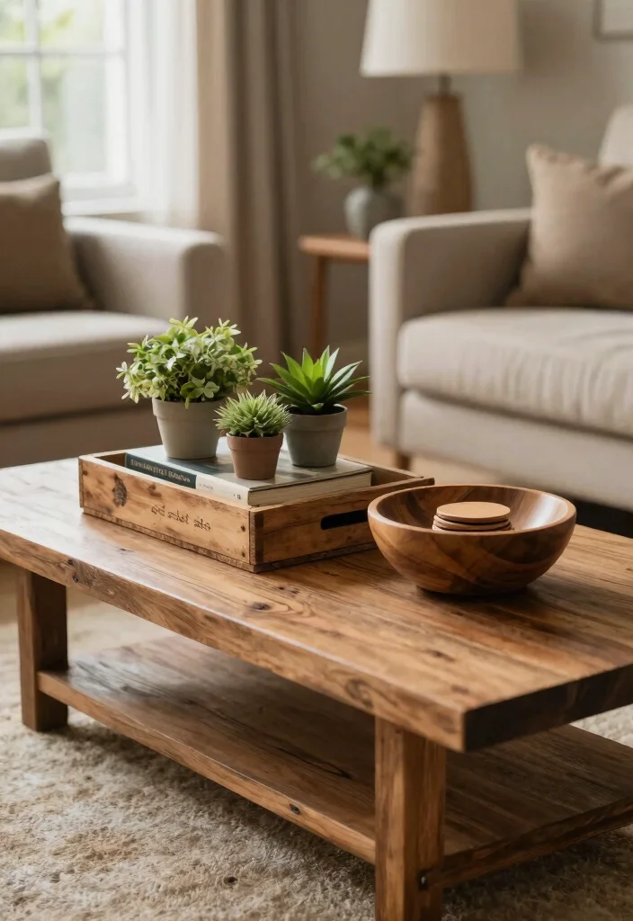 15 Farmhouse Coffee Table Decor Ideas That Look Effortlessly Chic - 7. Rustic Wooden Accents 1