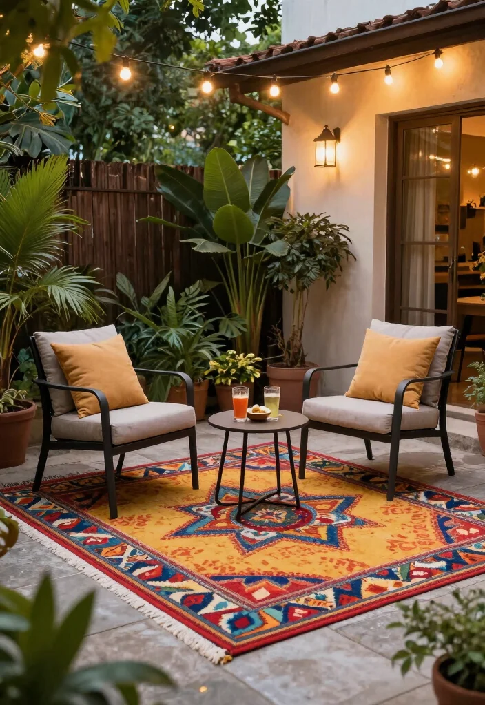 15 Patio Layout Ideas for Furniture Arrangement That Flows Beautifully - 11. Outdoor Rugs for Comfort 1