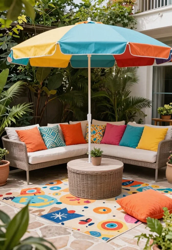 15 Patio Layout Ideas for Furniture Arrangement That Flows Beautifully - 9. Color Pop Elements 1