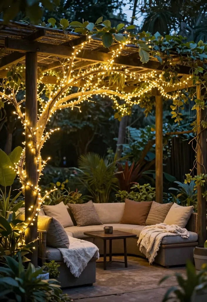 15 Pergola Lighting Ideas That Glow Beautifully at Night - 12. Lighted Branches for a Natural Look 1