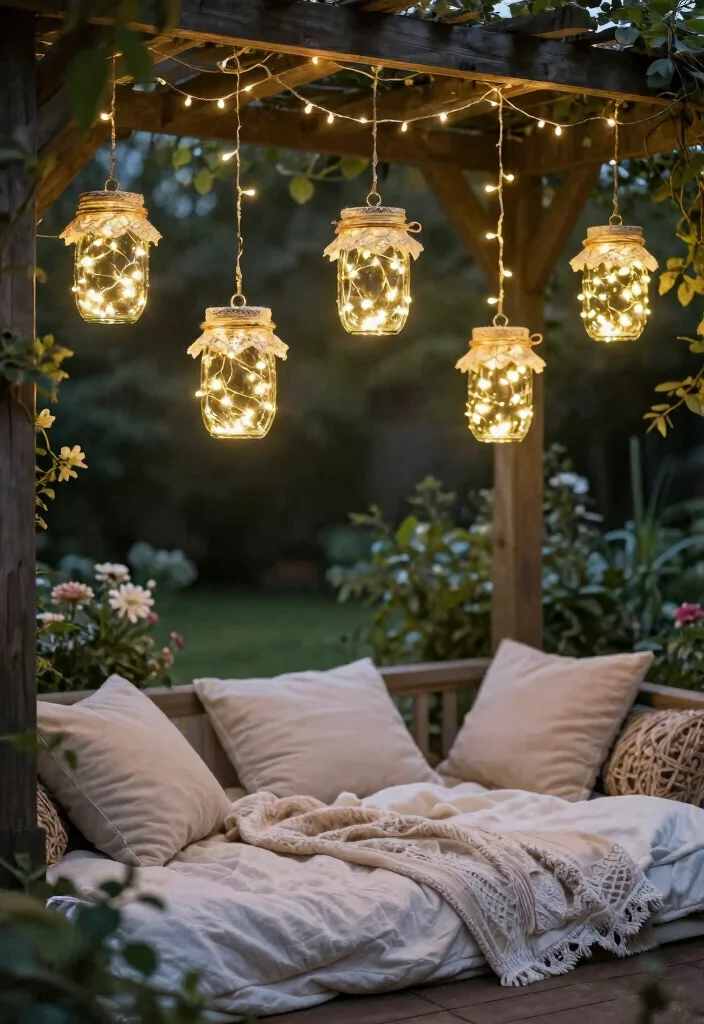 15 Pergola Lighting Ideas That Glow Beautifully at Night - 3. Fairy Lights in Mason Jars 1