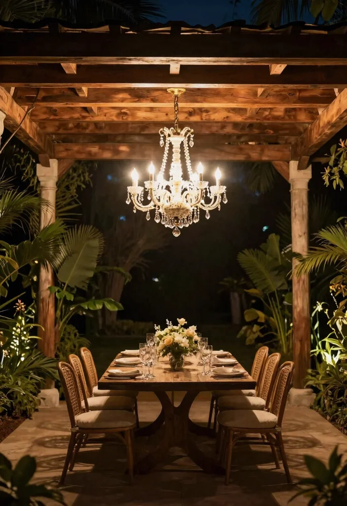 15 Pergola Lighting Ideas That Glow Beautifully at Night - 8. Chandeliers for a Touch of Elegance 1