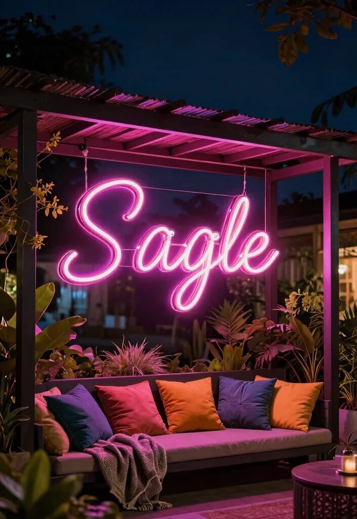 15 Pergola Lighting Ideas That Glow Beautifully at Night - 9. Neon Lights for a Bold Statement 1