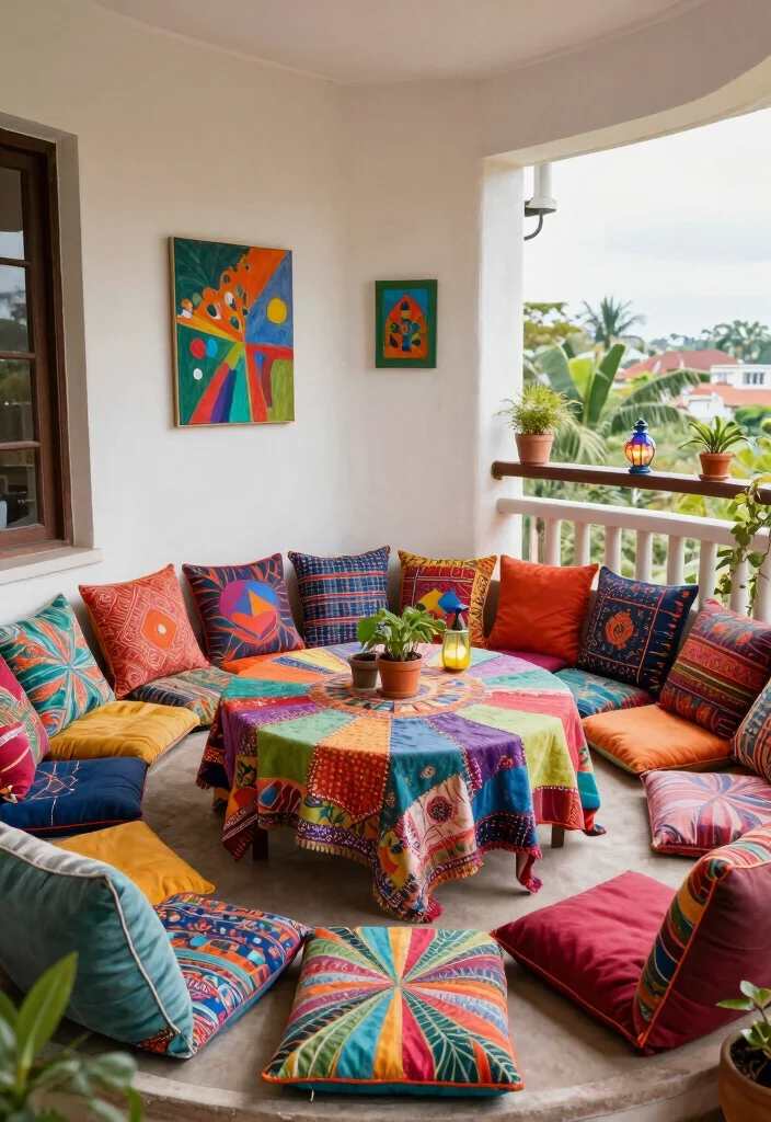 15 Round Balcony Ideas With Soft Modern Vibes - 10. Colorful Patchwork Retreat 1