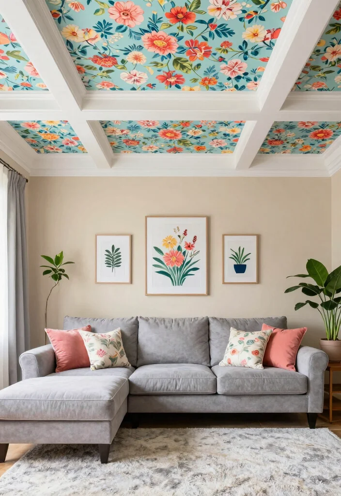 17 Coffered Ceiling Ideas Living Room Designs Are Loving - 8. Coffered Ceilings with Wallpaper 1