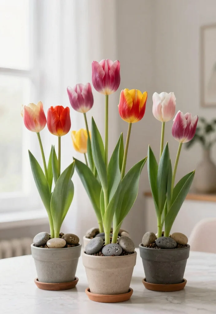 17 Easter Planter Ideas That Feel Fresh & Festive - 14. Potted Tulips with Decorative Stones 1