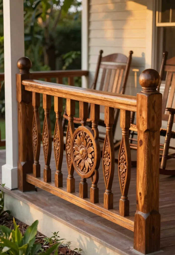 17 Wood Porch Railing Ideas That Add Classic Charm - 9. Custom Carved Railing 1
