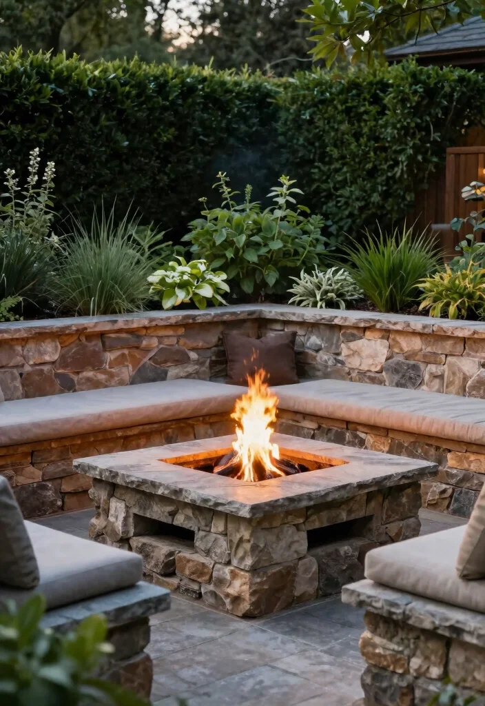 18 Cozy Patio Ideas with Fire Pit for Eco-Friendly Outdoor Nights - 11. Stone Fire Pit with Built-In Planters 1