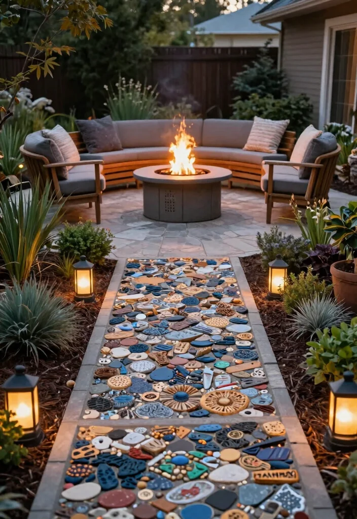 18 Cozy Patio Ideas with Fire Pit for Eco-Friendly Outdoor Nights - 12. Fire Pit with Surrounding Pathway of Recycled Materials 1