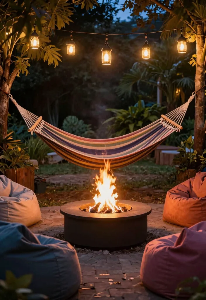 18 Cozy Patio Ideas with Fire Pit for Eco-Friendly Outdoor Nights - 15. Fire Pit with Hammock Lounge Area 1