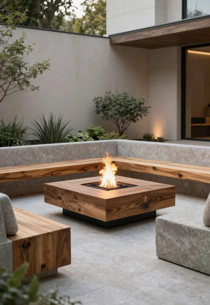 18 Cozy Patio Ideas with Fire Pit for Eco-Friendly Outdoor Nights - 17. Fire Pit with Minimalist Design and Natural Elements 1