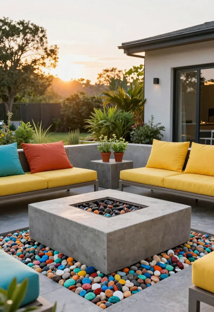 18 Cozy Patio Ideas with Fire Pit for Eco-Friendly Outdoor Nights - 2. Modern Concrete Fire Pit with Recycled Glass Surround 1