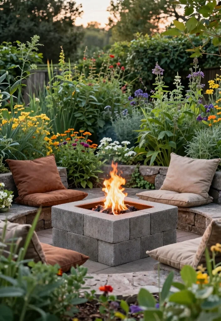 18 Cozy Patio Ideas with Fire Pit for Eco-Friendly Outdoor Nights - 4. DIY Cinder Block Fire Pit with Surrounding Garden 1