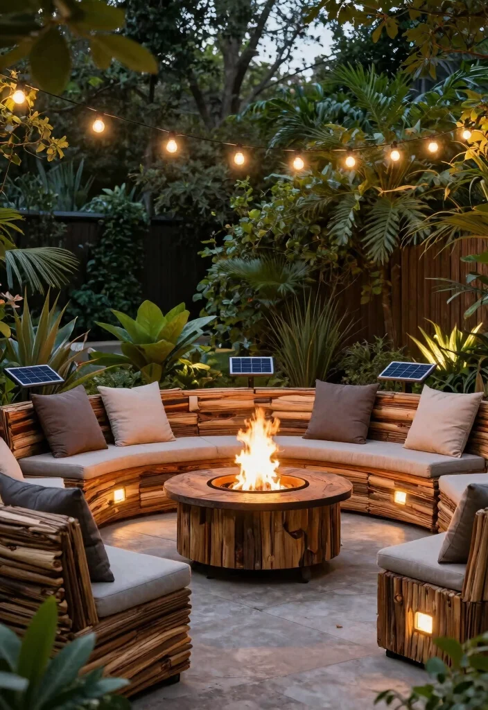 18 Cozy Patio Ideas with Fire Pit for Eco-Friendly Outdoor Nights - 5. Eco-Friendly Fire Pit with Solar-Powered Lighting 1