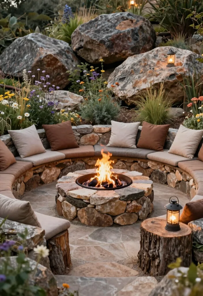 18 Cozy Patio Ideas with Fire Pit for Eco-Friendly Outdoor Nights - 6. Circular Fire Pit with Natural Seating 1