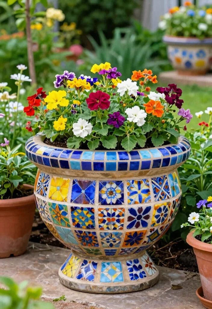 18 Garden Planter Boxes Ideas for a Stunning Display - 10. Colorful Mosaic Planters 1