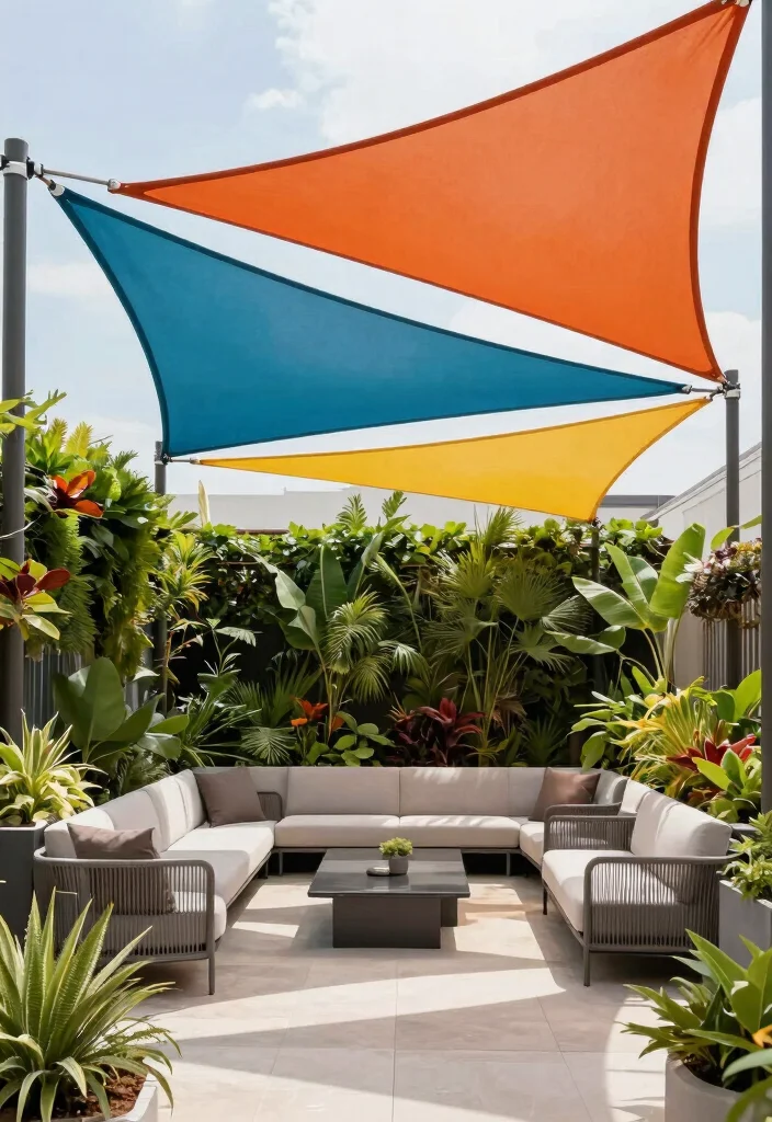 18 Outdoor Covered Patio Ideas for Stylish Shade - 12. Geometric Canopies 1