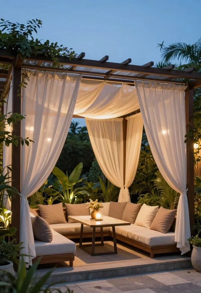 18 Outdoor Covered Patio Ideas for Stylish Shade - 9. Pergola with Canopy Curtains 1