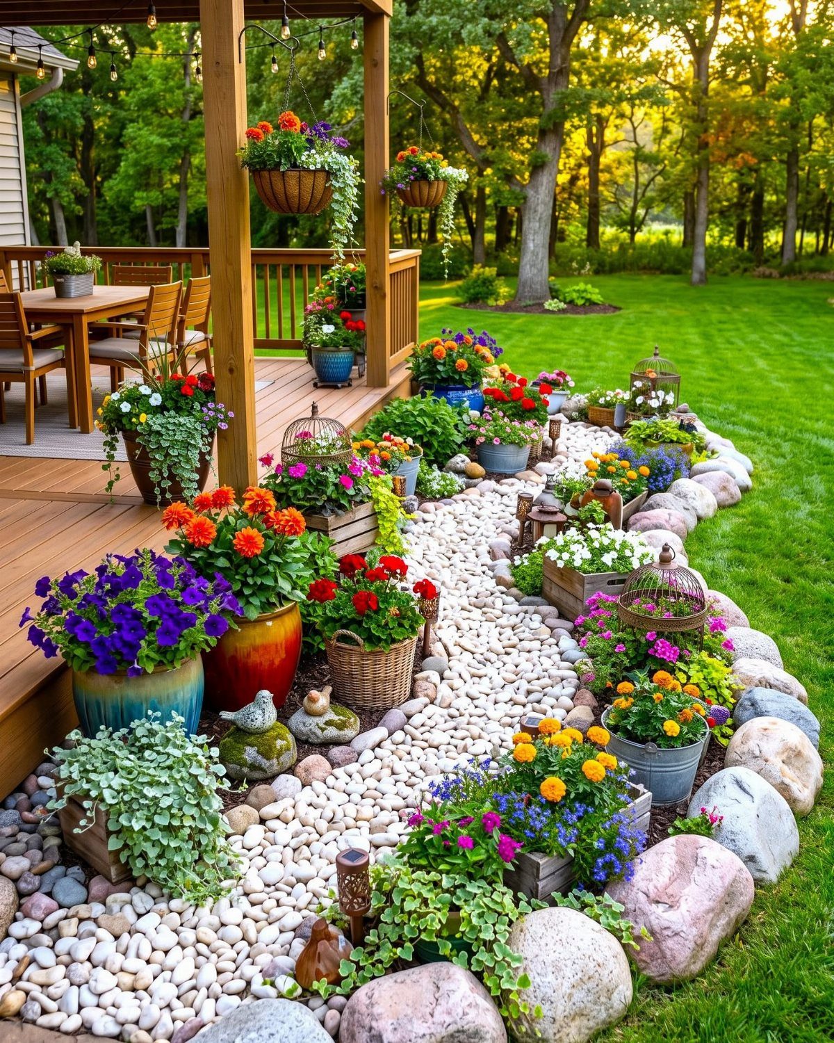 White river stone path winding through colorful potted flowers and large rocks next to a wooden deck.