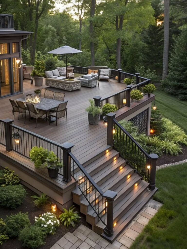 A multi-level wooden backyard deck with outdoor furniture and integrated lighting surrounded by trees.
