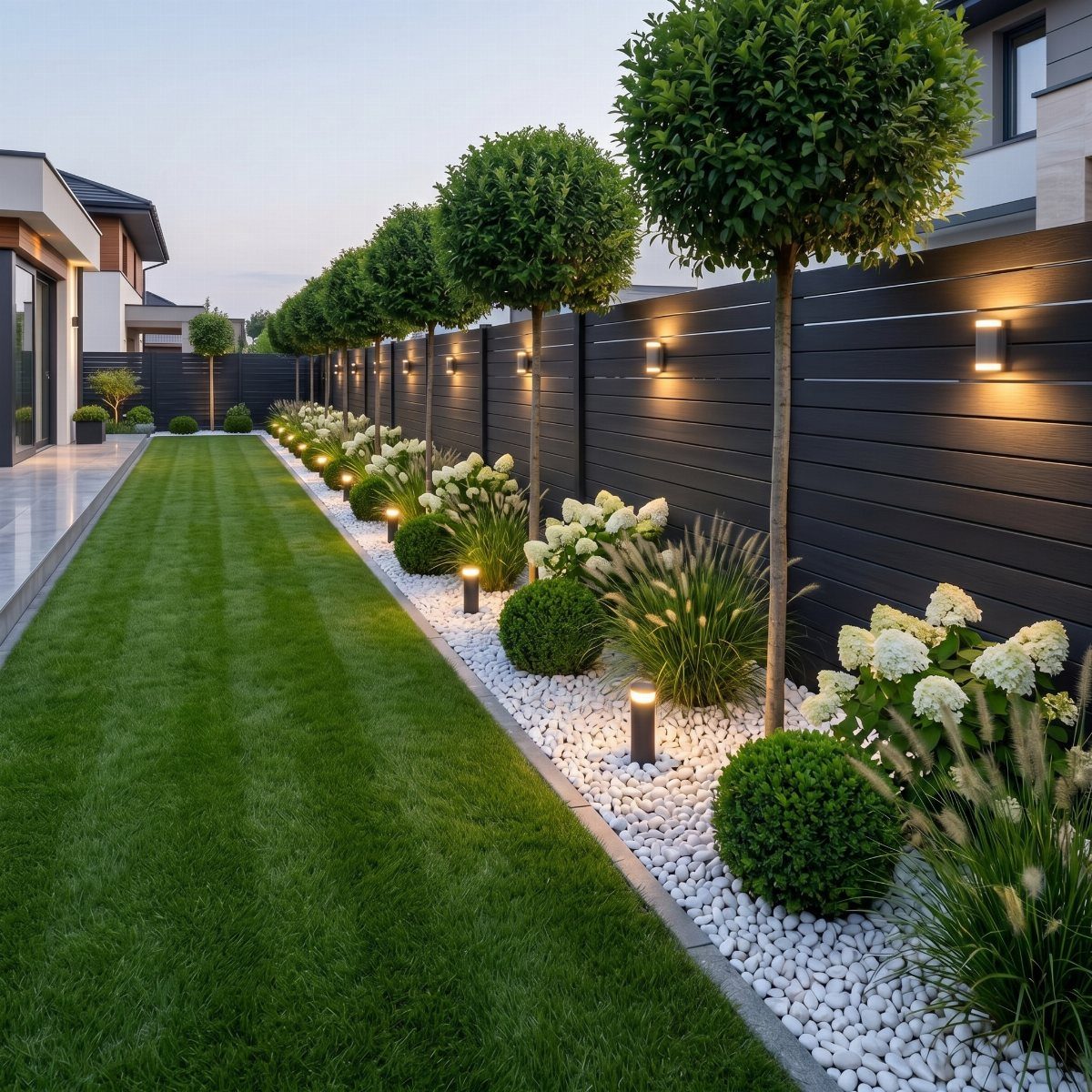 A dark horizontal slat fence lined with small trees and white pebble landscaping next to a lawn.