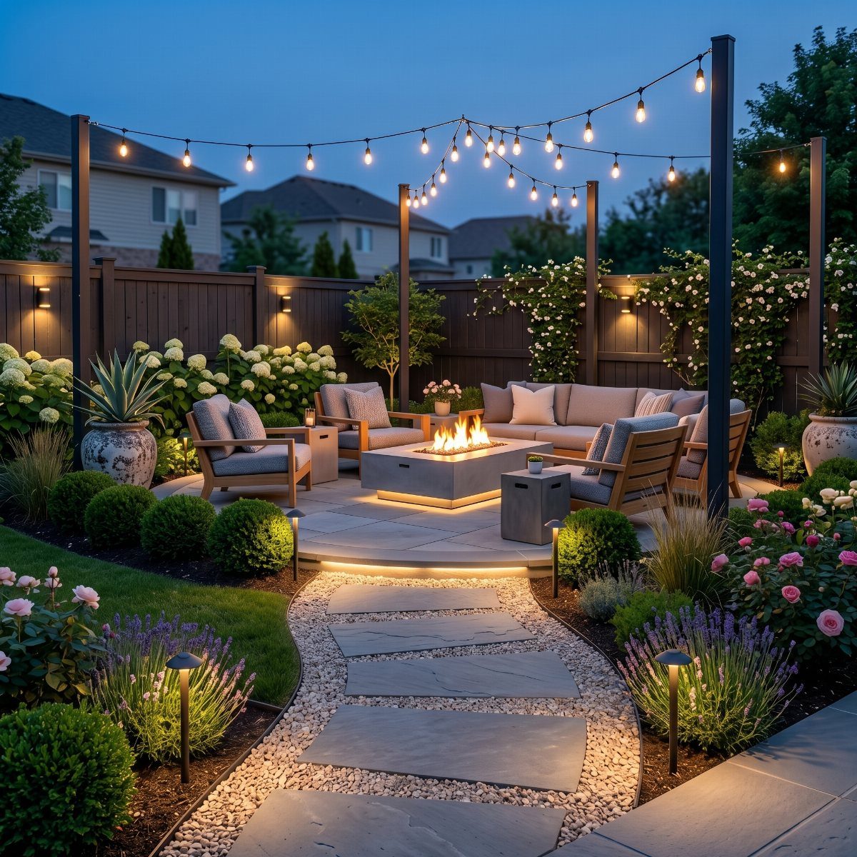 String lights hang over a modern backyard patio with a firepit and lounge seating.