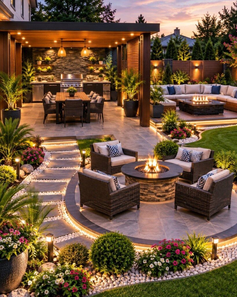 A luxury backyard patio with a dining area, fire pit lounge, and manicured landscaping at sunset.