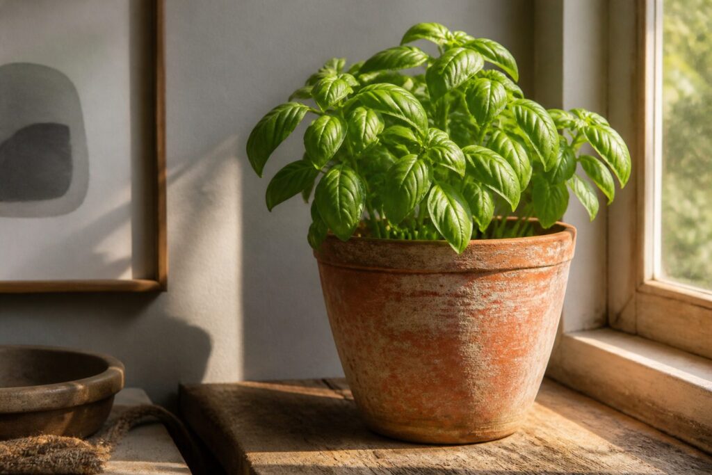 A potted basil plant on a kitchen counter by a window.