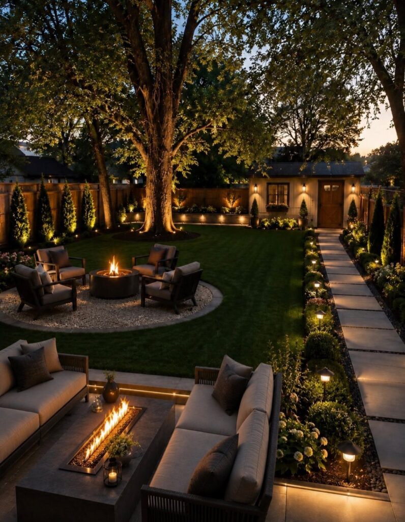 A beautifully landscaped backyard with outdoor seating, fire pits, and warm lighting under large trees.