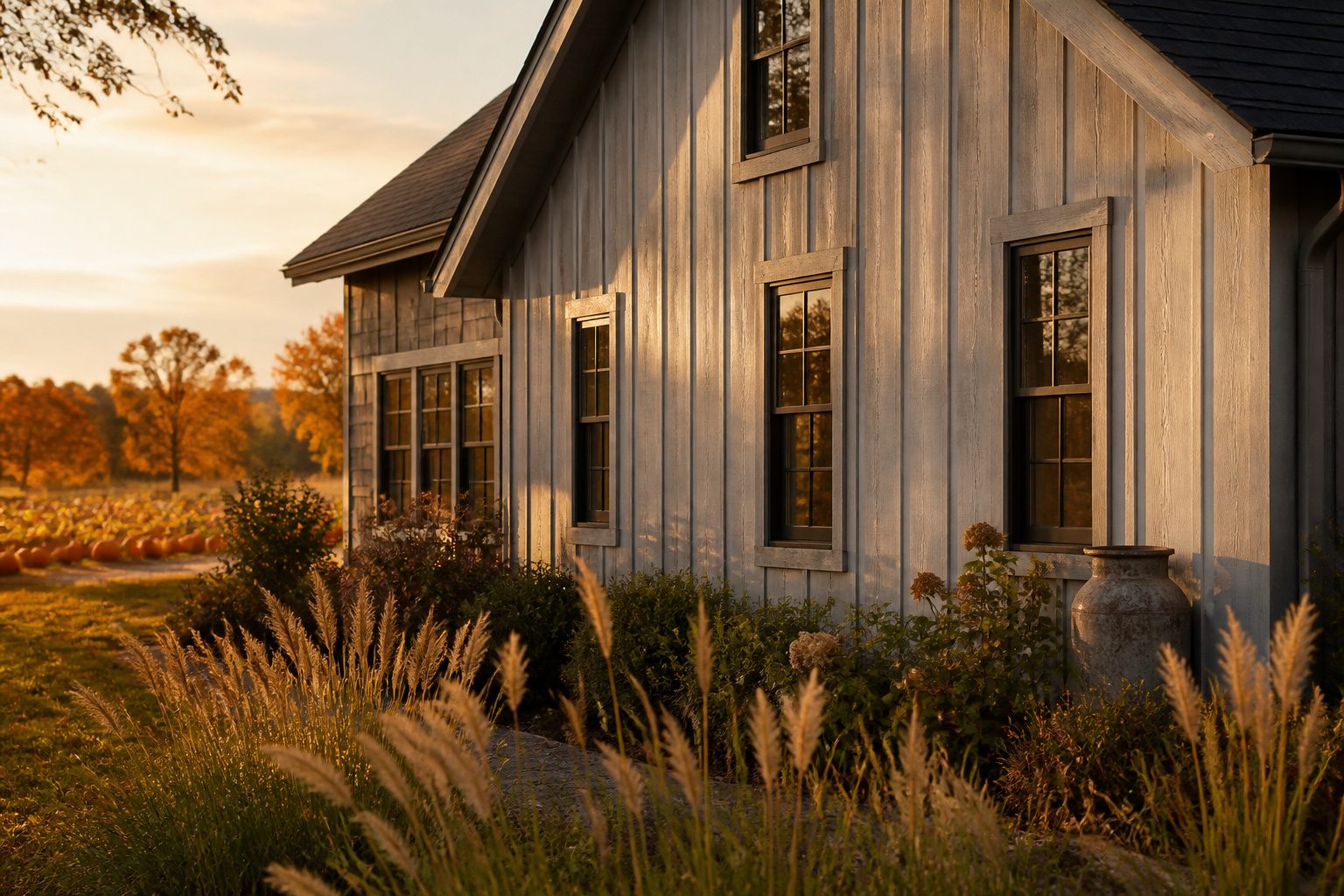 A house with board and batten siding surrounded by greenery.