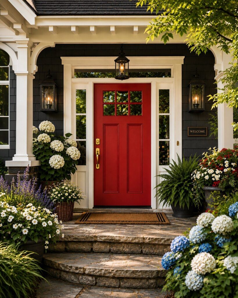 A vibrant red front door centered on a dark blue porch surrounded by white trim and flowers.