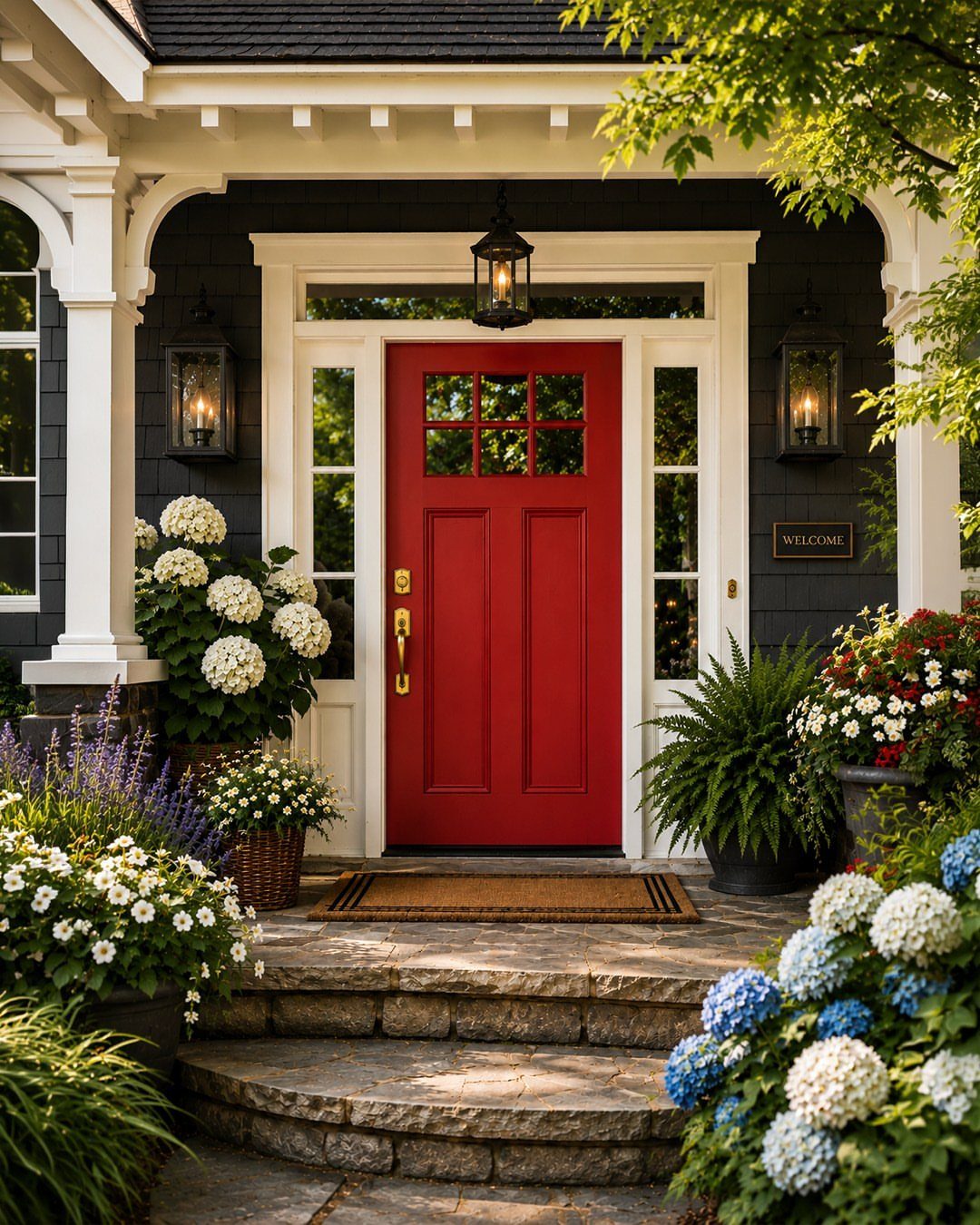 A vibrant red front door centered on a dark blue porch surrounded by white trim and flowers.