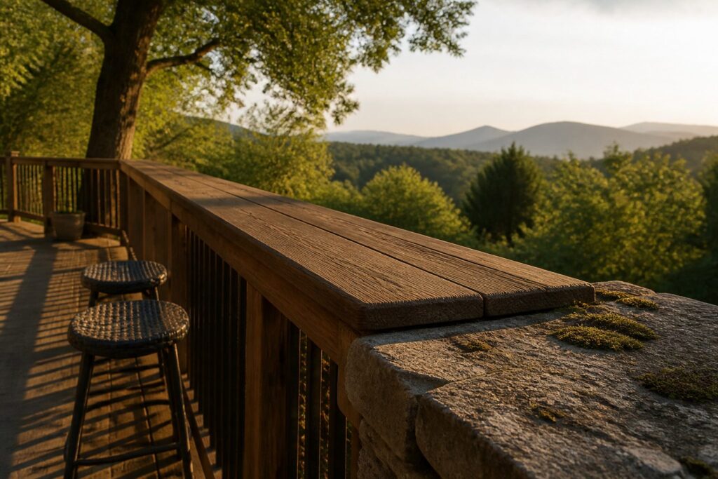 Different styles of deck railing bar tops made from various materials.